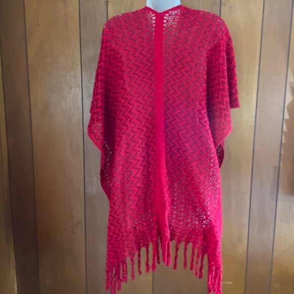 Just Be Shaw Wrap Womens One Size‎ Red Chevron Fringe Layering Knit Boho Hippie - Picture 4 of 12